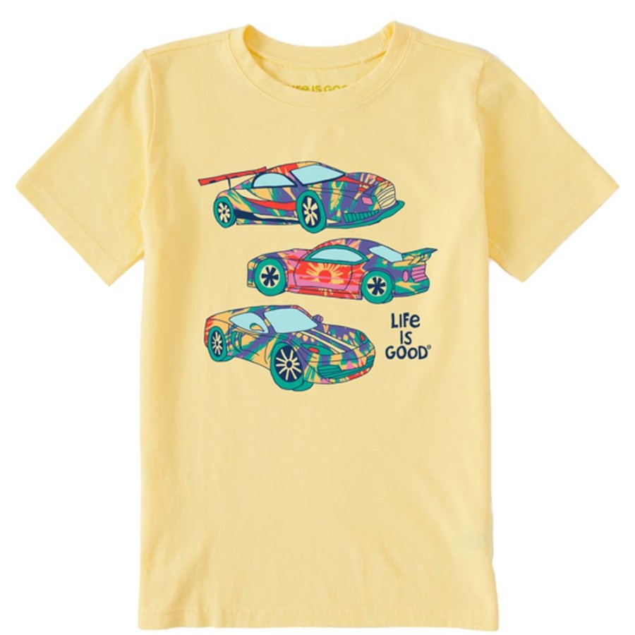 Kids Life is Good Graphic Tees | Kids Tie Dye Race Cars Crusher Tee Sandy Yellow