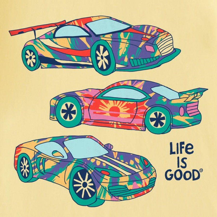 Kids Life is Good Graphic Tees | Kids Tie Dye Race Cars Crusher Tee Sandy Yellow