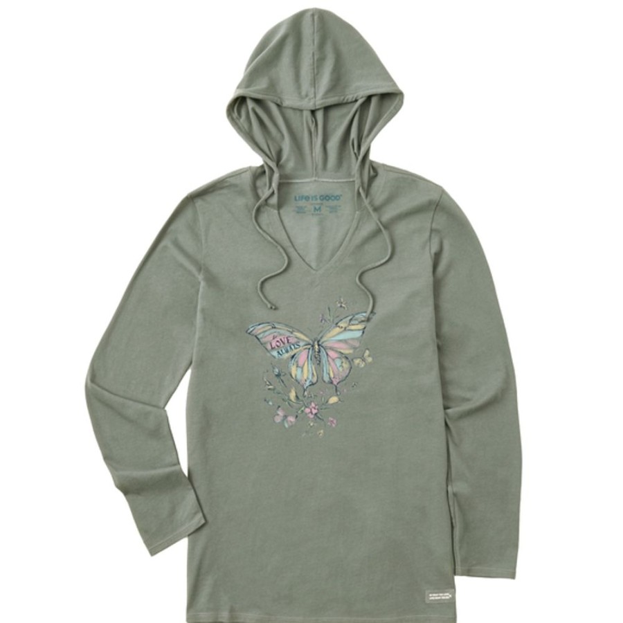 Women Life is Good Graphic Tees | Women'S Dreamy Butterfly Love Always Long Sleeve Crusher-Lite Hooded Tee Moss Green