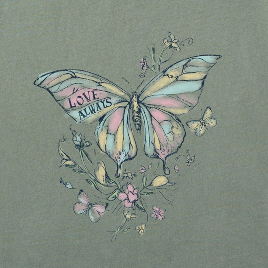 Women Life is Good Graphic Tees | Women'S Dreamy Butterfly Love Always Long Sleeve Crusher-Lite Hooded Tee Moss Green