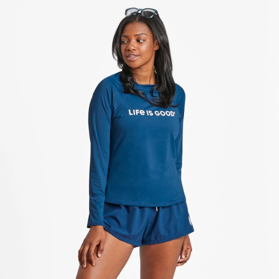 Women Inmocean Swimwear | Women'S Lig Horizontal Wordmark Long Sleeve Rashguard Darkest Blue