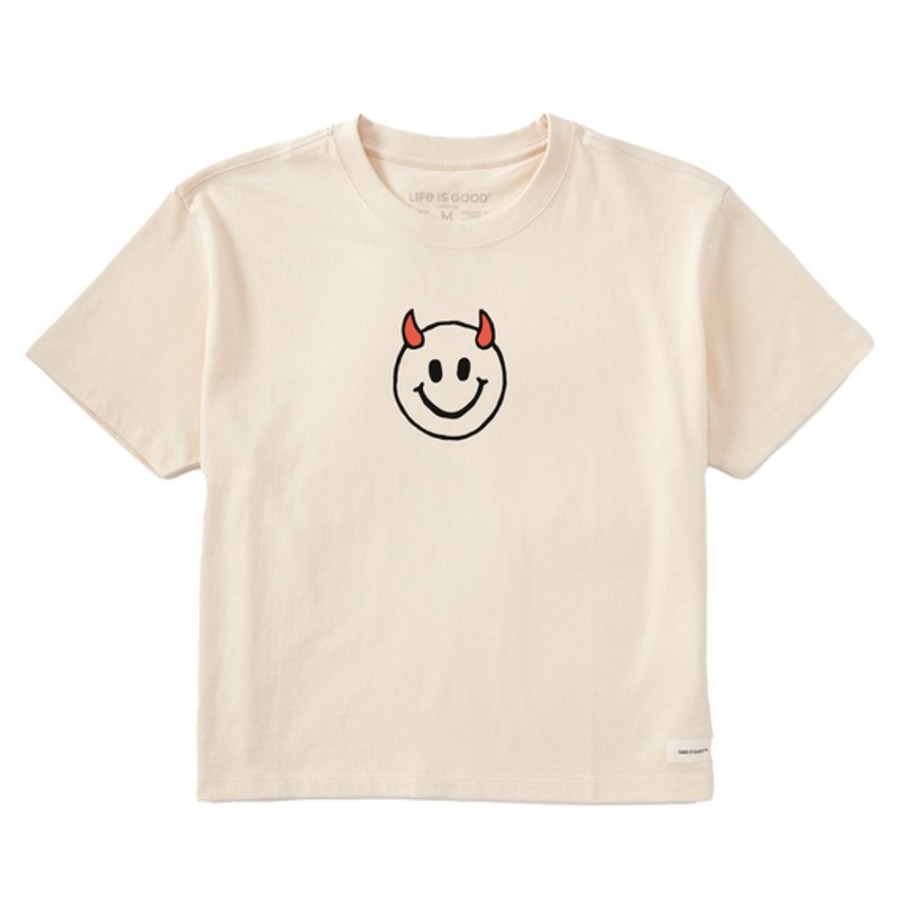 Women Life is Good Boxy Tees | Women'S Naive Smiley Devil Boxy Crusher Tee Putty White