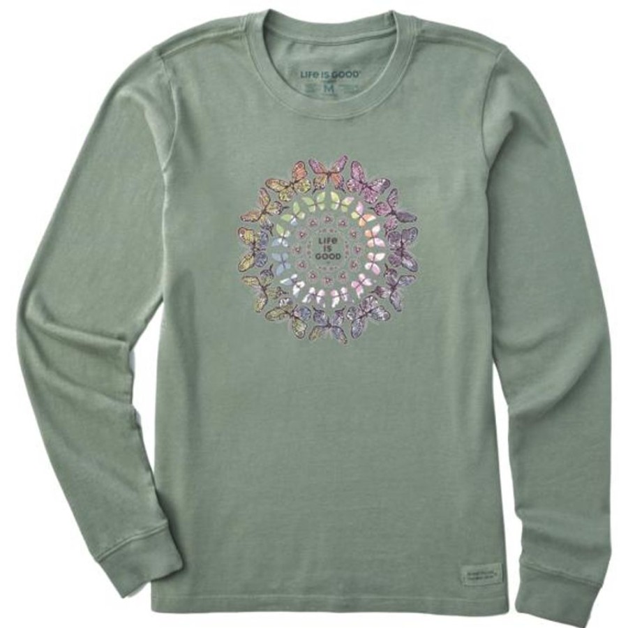 Women Life is Good Graphic Tees | Women'S Tie Dye Butterfly Daisy Mandala Long Sleeve Crusher Tee Moss Green