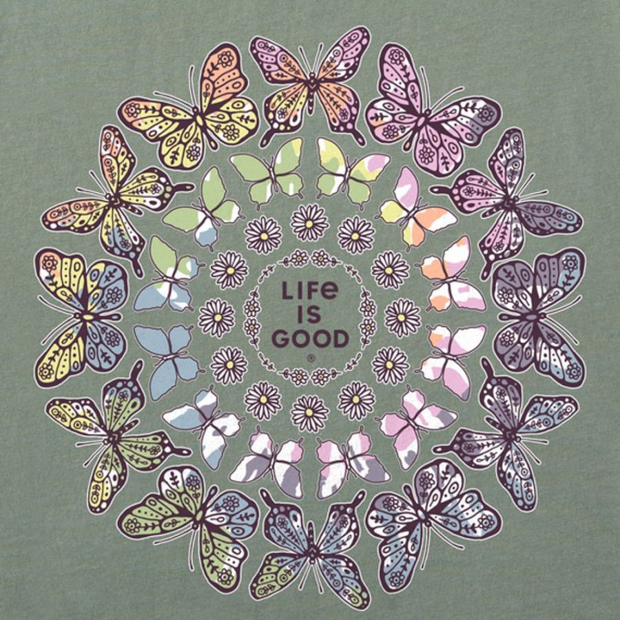 Women Life is Good Graphic Tees | Women'S Tie Dye Butterfly Daisy Mandala Long Sleeve Crusher Tee Moss Green