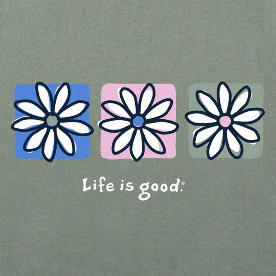 Women Life is Good Boxy Tees | Women'S Three Boxed Daisies Boxy Crusher Tee Moss Green