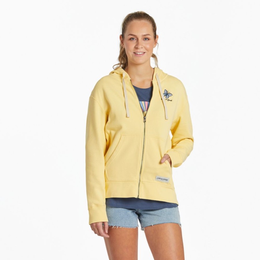 Women Life is Good Sweatshirts & Hoodies | Women'S Flutterby Butterfly Simply True Fleece Zip Hoodie Sandy Yellow