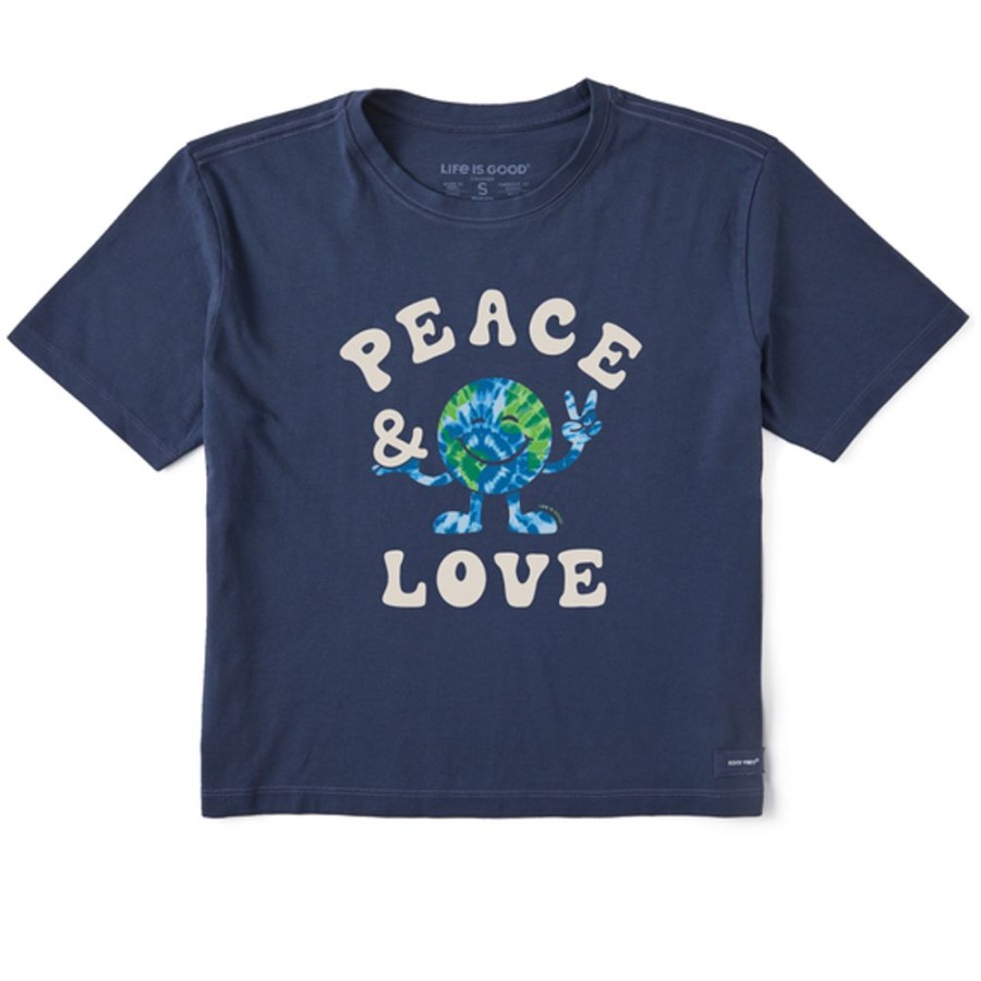 Women Life is Good Boxy Tees | Women'S Tie Dye Peace & Love Earth Boxy Crusher Tee Darkest Blue