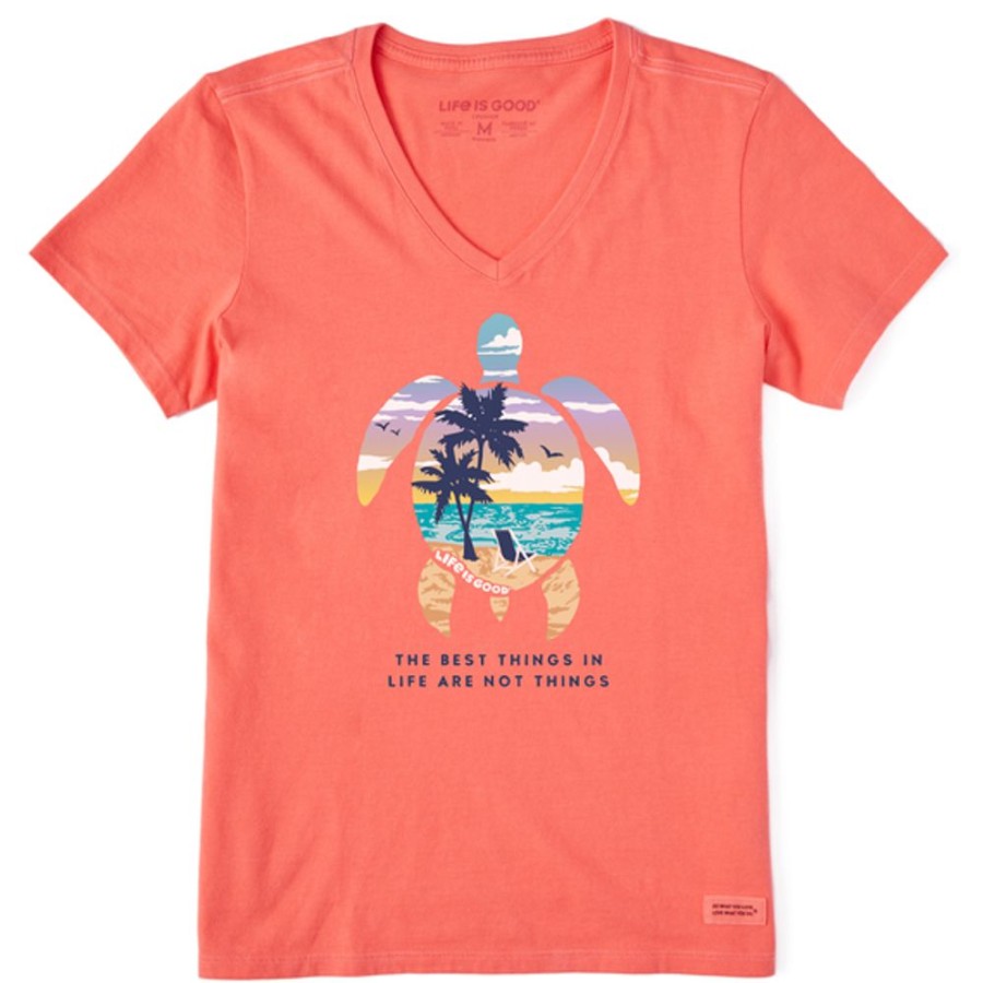 Women Life is Good Graphic Tees | Women'S Best Things Sea Turtle Beach Short Sleeve Vee Mango Orange