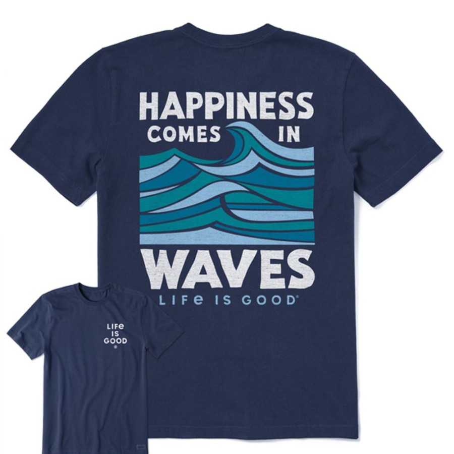 Men Life is Good Graphic Tees | Men'S Happy Waves Blockprint Short Sleeve Tee Darkest Blue