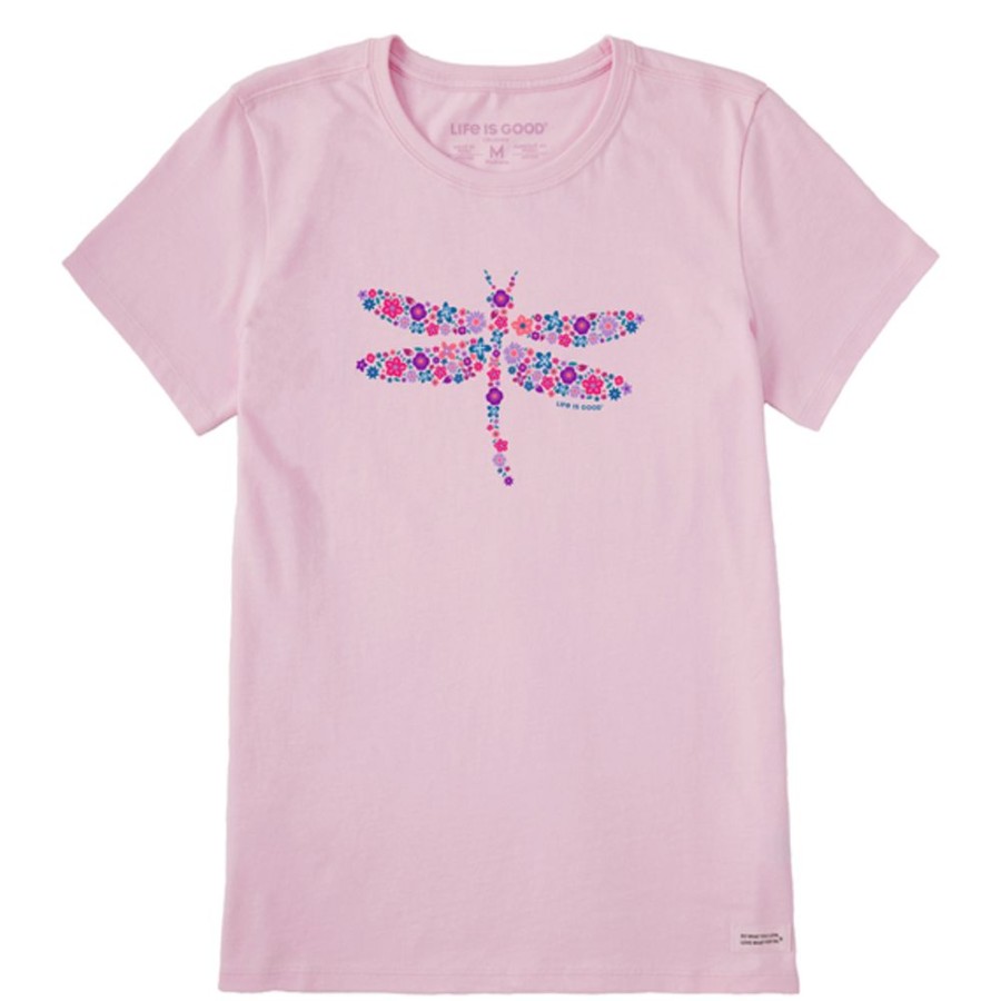 Women Life is Good Graphic Tees | Women'S Dragonfly Flowers Short Sleeve Tee Seashell Pink