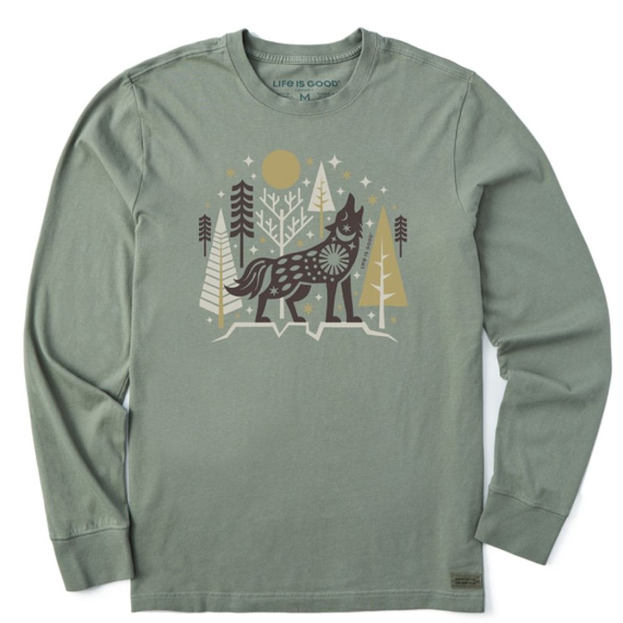 Men Life is Good Graphic Tees | Men'S Nordic Winter Wolf Long Sleeve Crusher Tee Moss Green