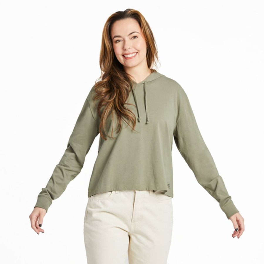 Women Life is Good Boxy Tees | Women'S Solid Crusher Boxy Hoodie Moss Green