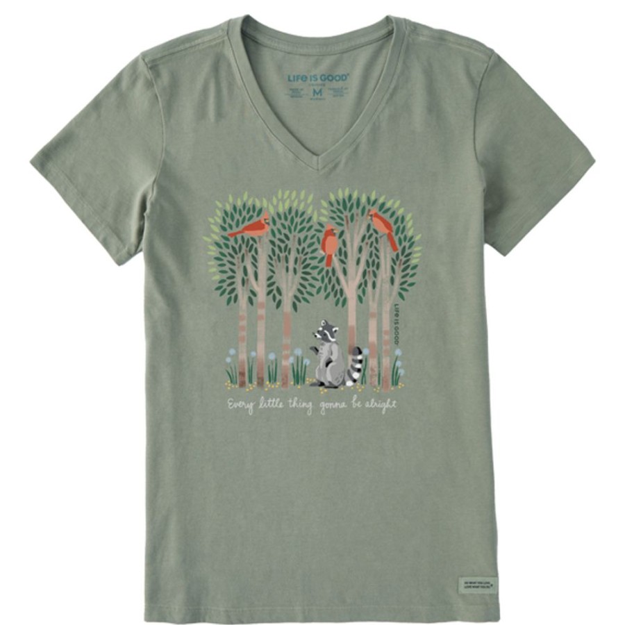 Women Life is Good Graphic Tees | Women'S Every Little Thing Racoon Short Sleeve Vee Moss Green