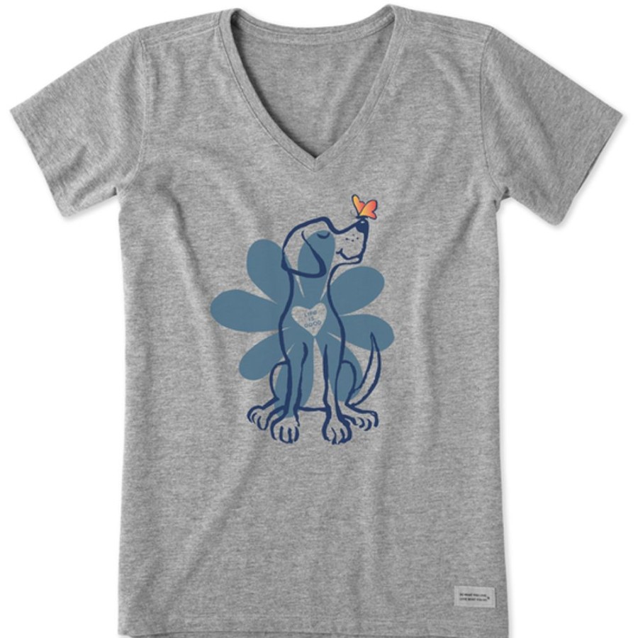 Women Life is Good Graphic Tees | Women'S Spring Daisy Dog Short Sleeve Vee Heather Gray