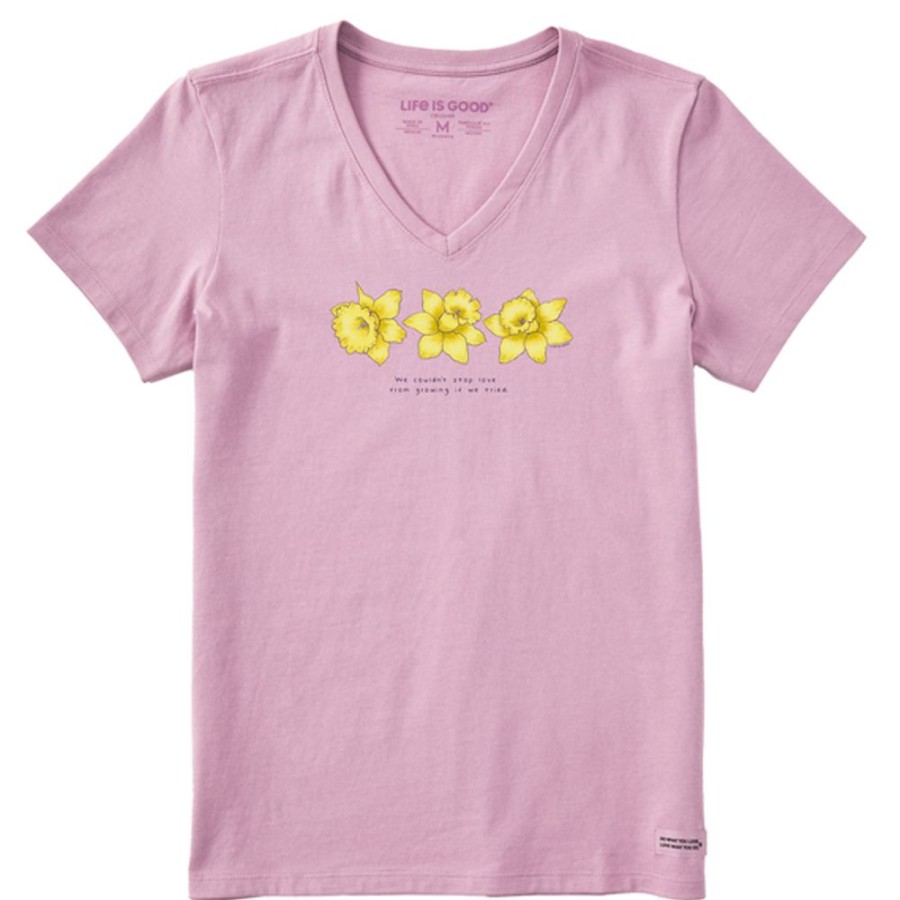 Women Life is Good Graphic Tees | Women'S 3 Genuine Daffodils Short Sleeve Vee Violet Purple