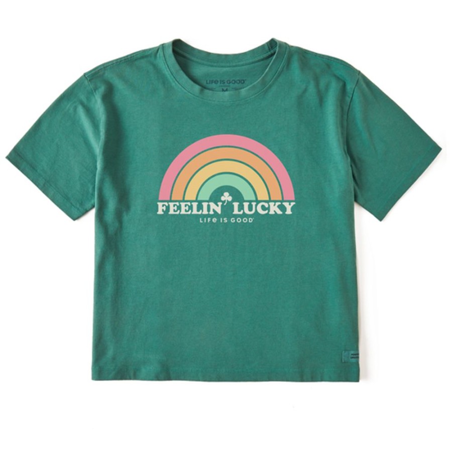 Women Life is Good Graphic Tees | Women'S Clean Feelin' Lucky Rainbow Boxy Crusher Tee Spruce Green