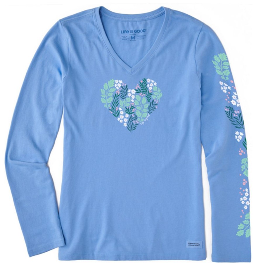 Women Life is Good Graphic Tees | Women'S Winter Flowers Heart Long Sleeve Crusher Vee Cornflower Blue