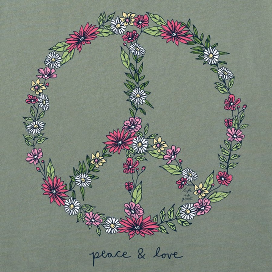 Women Life is Good Graphic Tees | Women'S Realaxed Wildflower Love Peace Sign Boxy Crusher Tee Moss Green