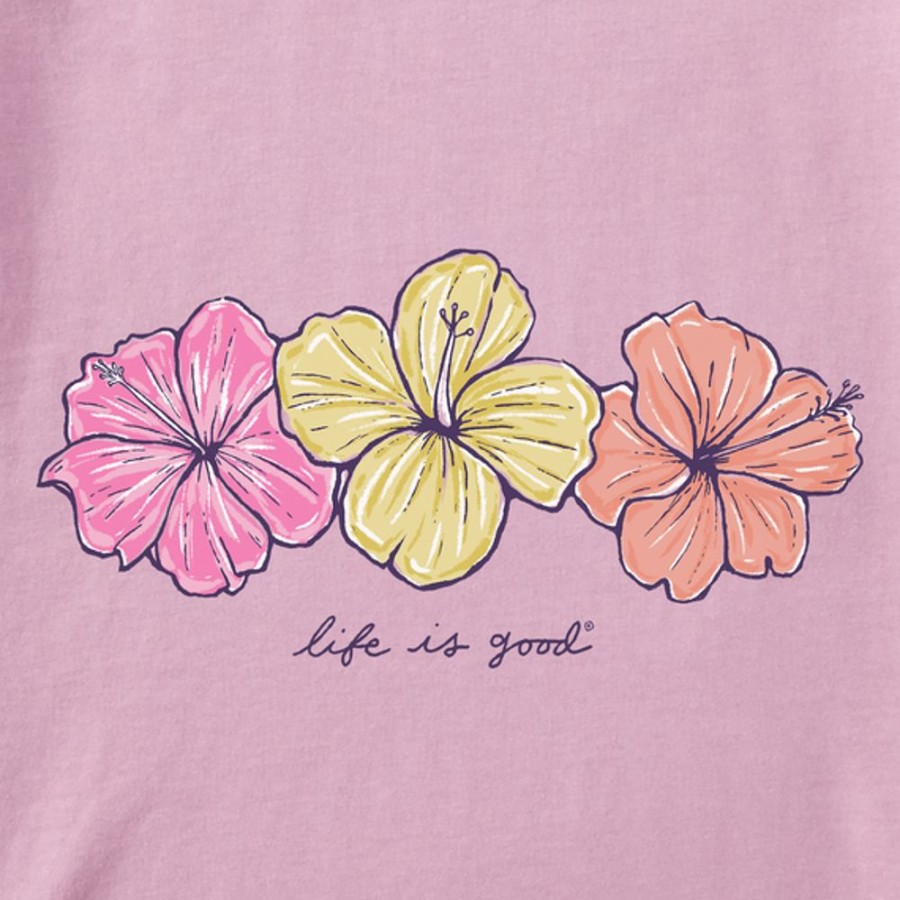 Women Life is Good Boxy Tees | Women'S Fineline 3 Hibiscuses Boxy Crusher Tee Violet Purple