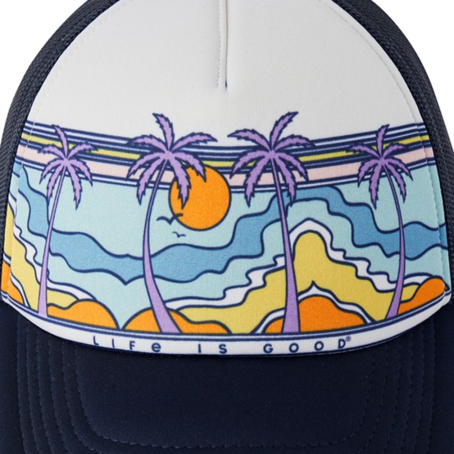 Women Life is Good Hats | Retro Palms Scene Trucker Hat Darkest Blue