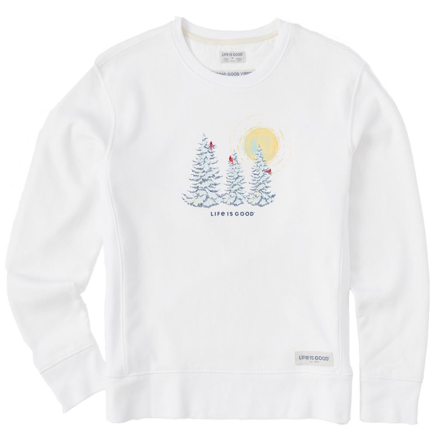 Women Life is Good Sweatshirts & Hoodies | Women'S Snowy Pines With Cardinals Simply True Fleece Crew Cloud White