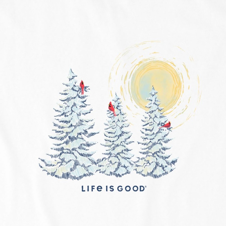 Women Life is Good Sweatshirts & Hoodies | Women'S Snowy Pines With Cardinals Simply True Fleece Crew Cloud White