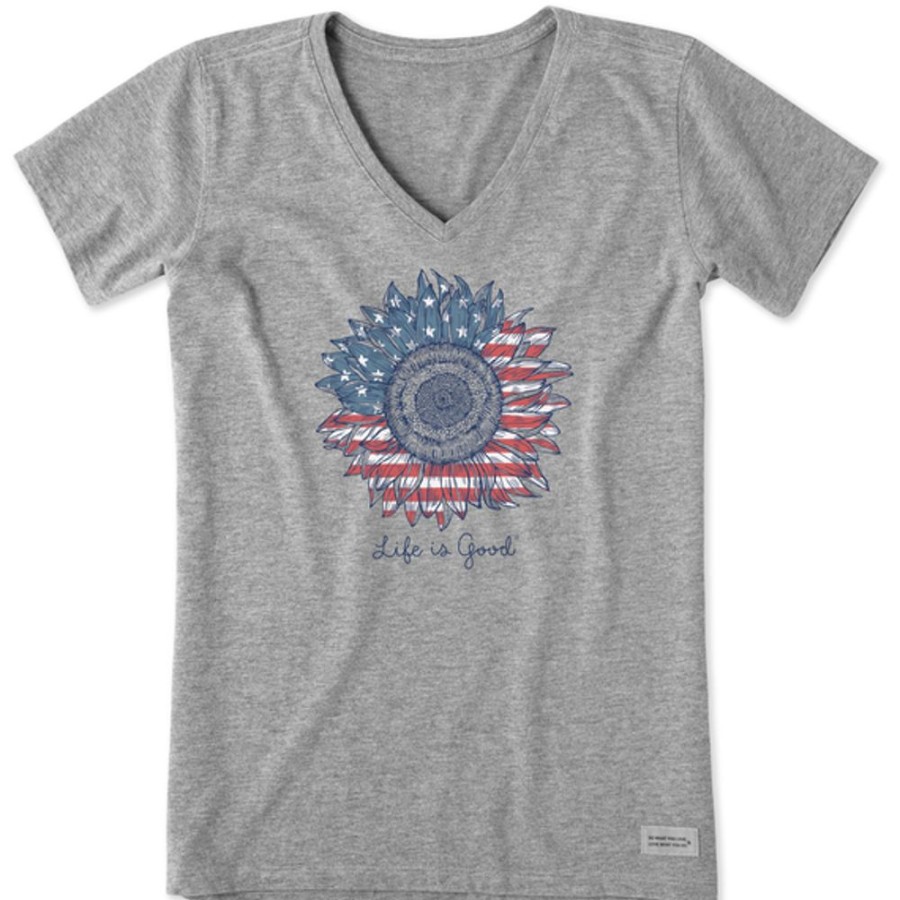 Women Life is Good Graphic Tees | Women'S American Sunflower Short Sleeve Vee Heather Gray