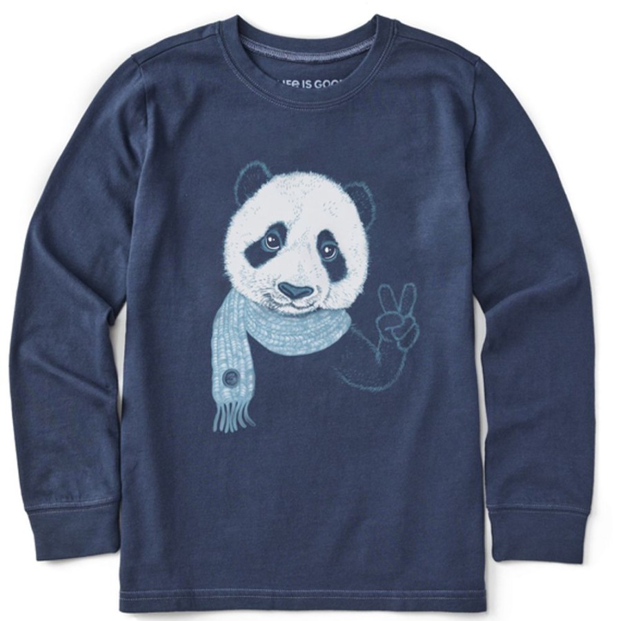 Kids Life is Good Graphic Tees | Kids Fineline Peaceful Panda Long Sleeve Crusher Tee Darkest Blue