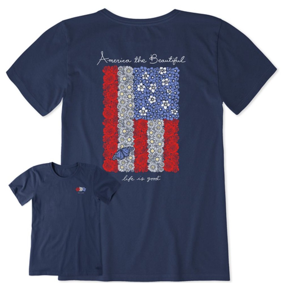 Women Life is Good Graphic Tees | Women'S Realaxed Floral American Flag Short Sleeve Tee Darkest Blue