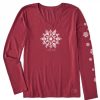 Women Life is Good Graphic Tees | Women'S Watercolor Snowflake Long Sleeve Crusher Vee Cranberry Red