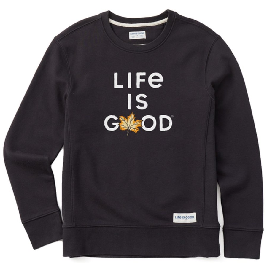 Women Life is Good Sweatshirts & Hoodies | Women'S Branded Stacked Lig W Leaf Simply True Fleece Crew Jet Black