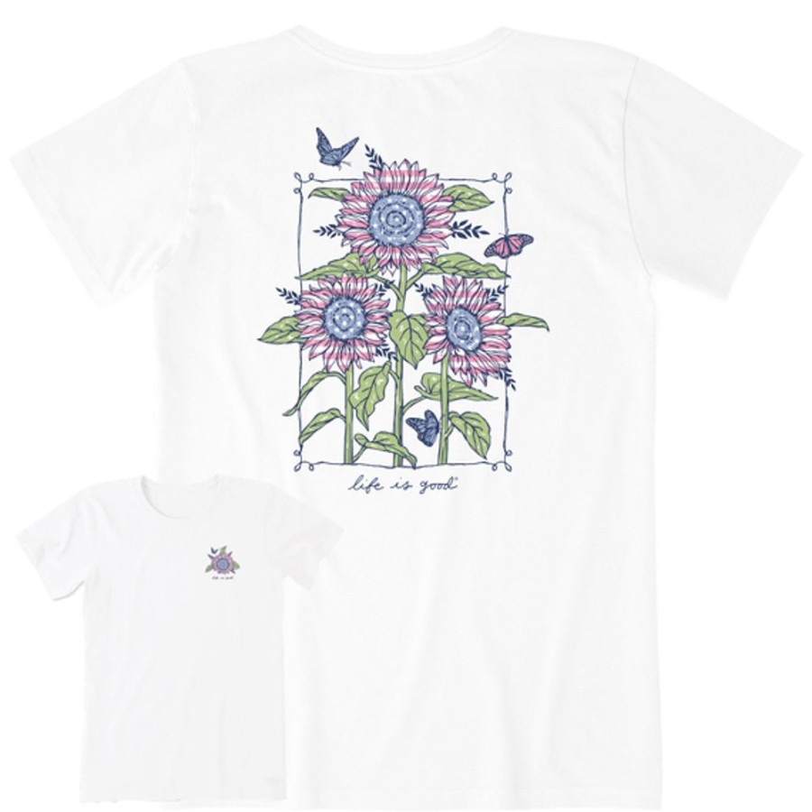 Women Life is Good Graphic Tees | Women'S Realaxed Usa Sunflowers & Monarchs Short Sleeve Tee Cloud White