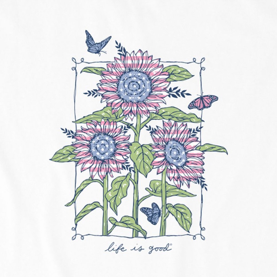 Women Life is Good Graphic Tees | Women'S Realaxed Usa Sunflowers & Monarchs Short Sleeve Tee Cloud White