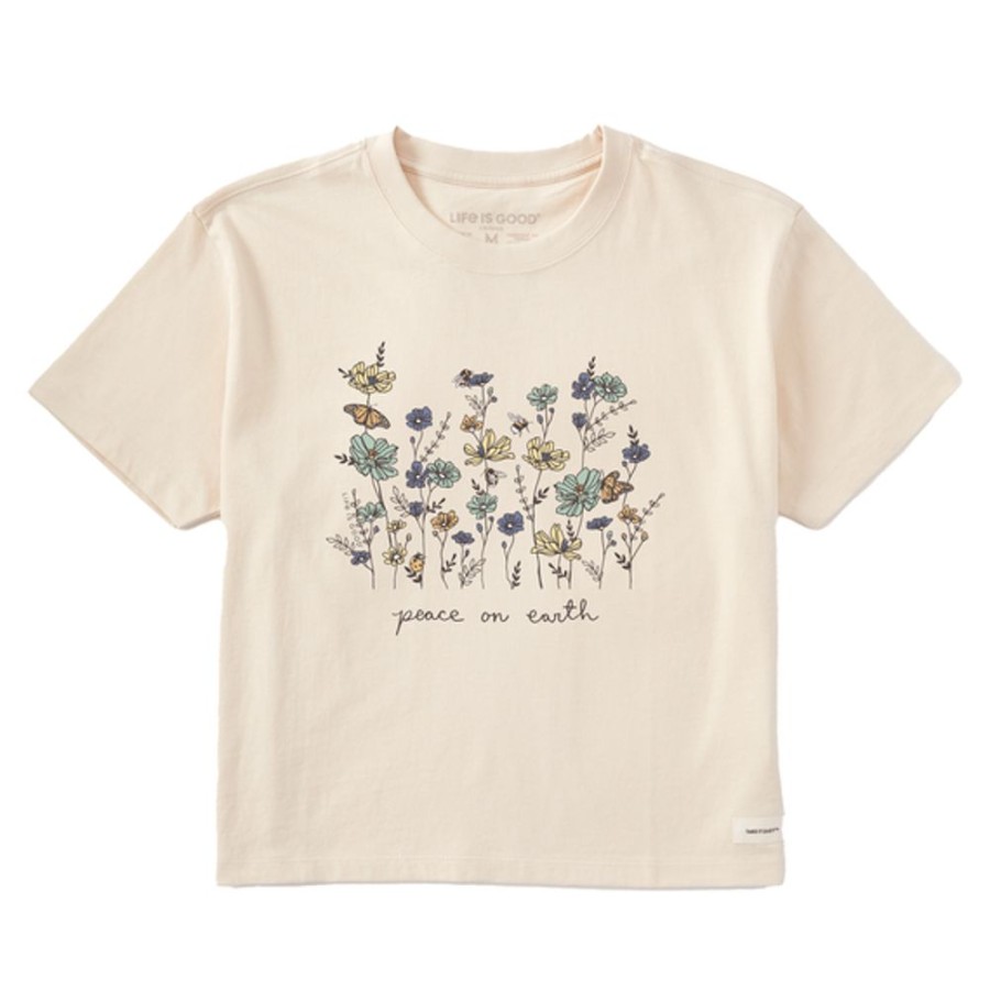 Women Life is Good Graphic Tees | Women'S Realaxed Peaceful Wildflowers & Insects Boxy Crusher Tee Putty White