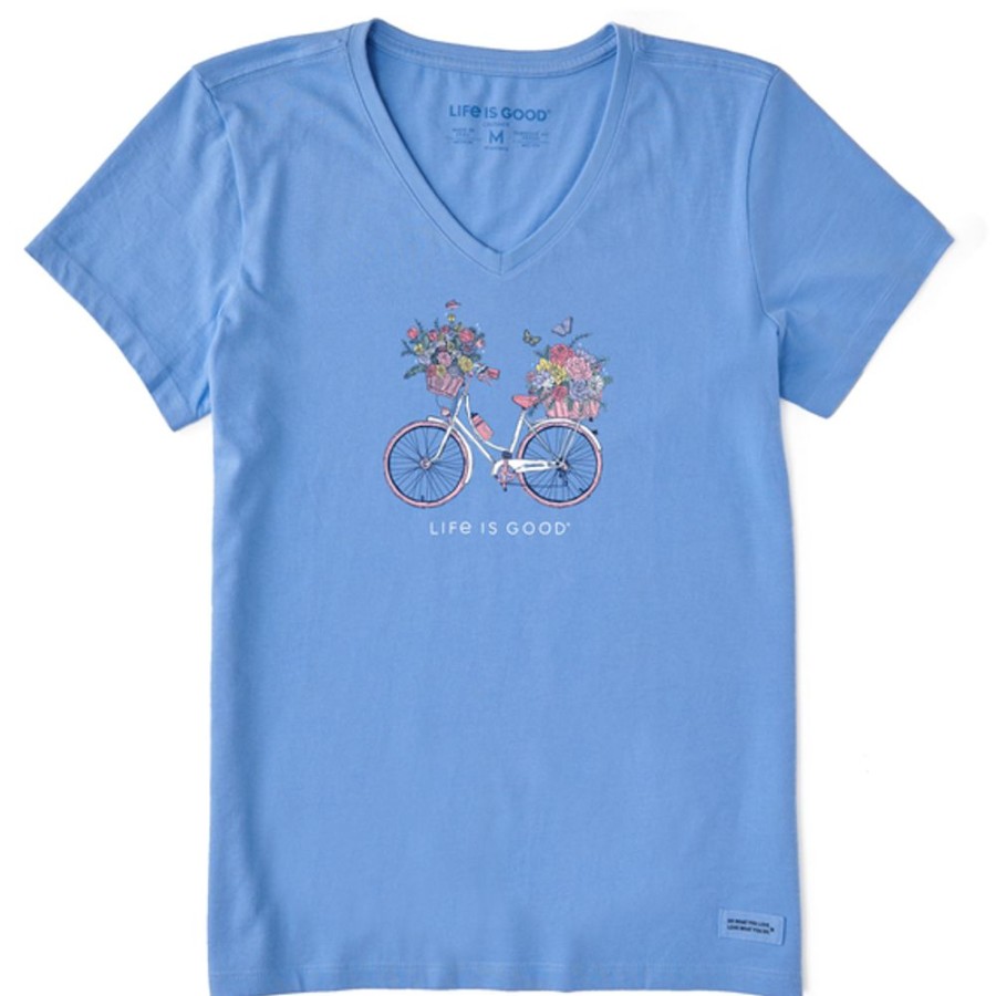 Women Life is Good Graphic Tees | Women'S Bike Flower Baskets Short Sleeve Vee Cornflower Blue