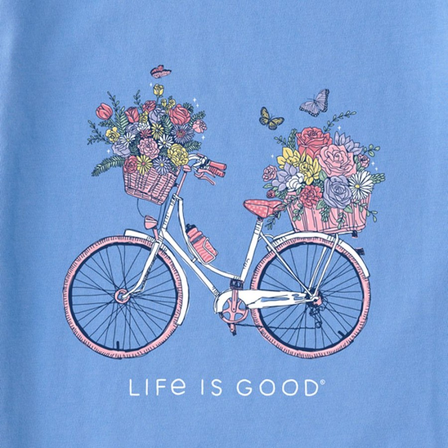 Women Life is Good Graphic Tees | Women'S Bike Flower Baskets Short Sleeve Vee Cornflower Blue