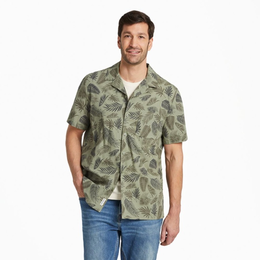 Men Life is Good Casual Shirts | Men'S Falling Ferns Pattern Camp Shirt Moss Green