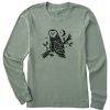 Women Life is Good Graphic Tees | Women'S Woodcut Warmly Dressed Owl Long Sleeve Crusher Tee Moss Green