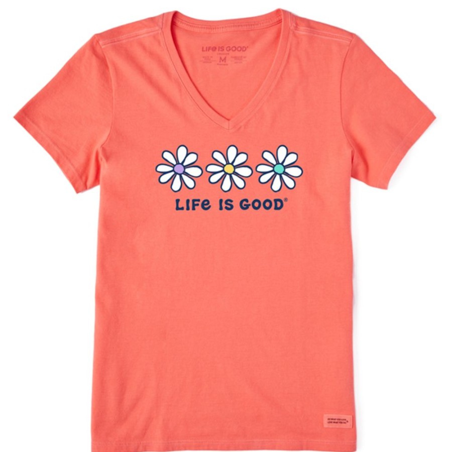 Women Life is Good Graphic Tees | Women'S 3 Daisies Short Sleeve Vee Mango Orange