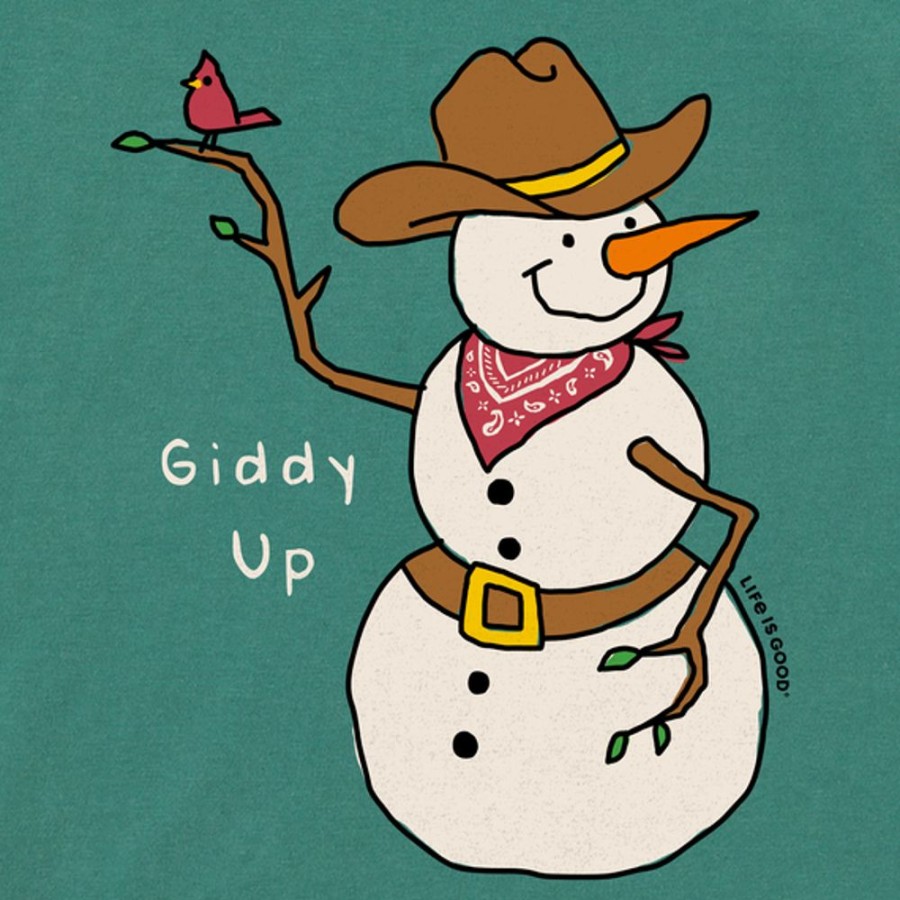 Kids Life is Good Graphic Tees | Kids Quirky Snowman Giddy Up Crusher Tee Spruce Green