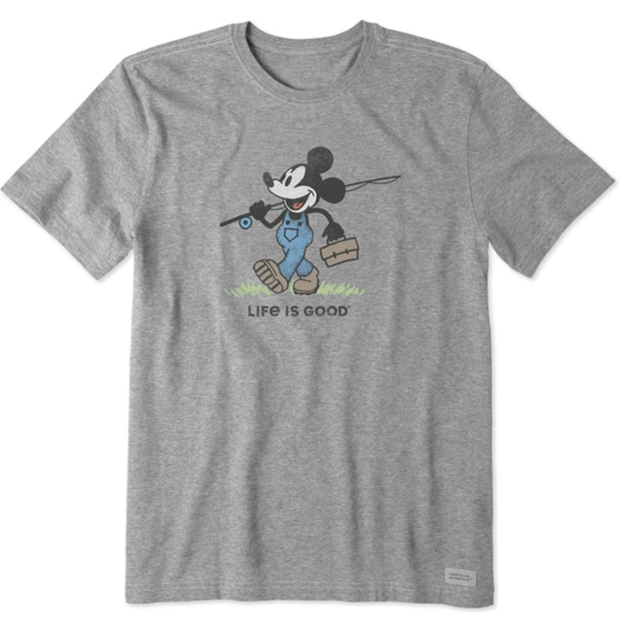 Men Life is Good Graphic Tees | Men'S Clean Steamboat Willie Fishing Short Sleeve Tee Heather Gray