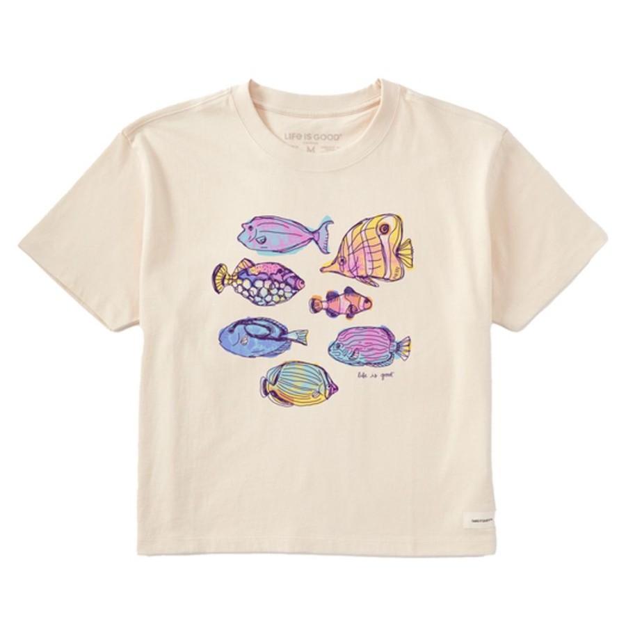 Women Life is Good Boxy Tees | Women'S Watercolor Tropical Fish Boxy Crusher Tee Putty White