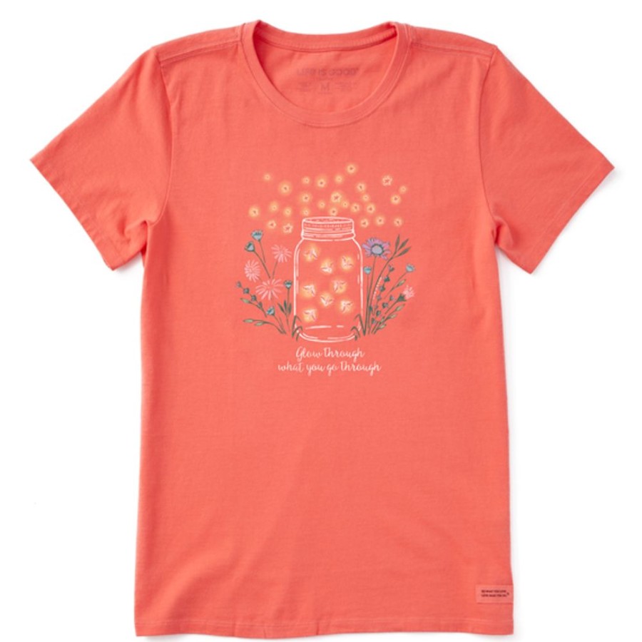 Women Life is Good Graphic Tees | Women'S Fireflies Flowers Jar Short Sleeve Tee Mango Orange