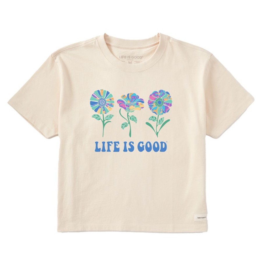 Women Life is Good Boxy Tees | Women'S Tie Dye Groovy Flowers Boxy Crusher Tee Putty White