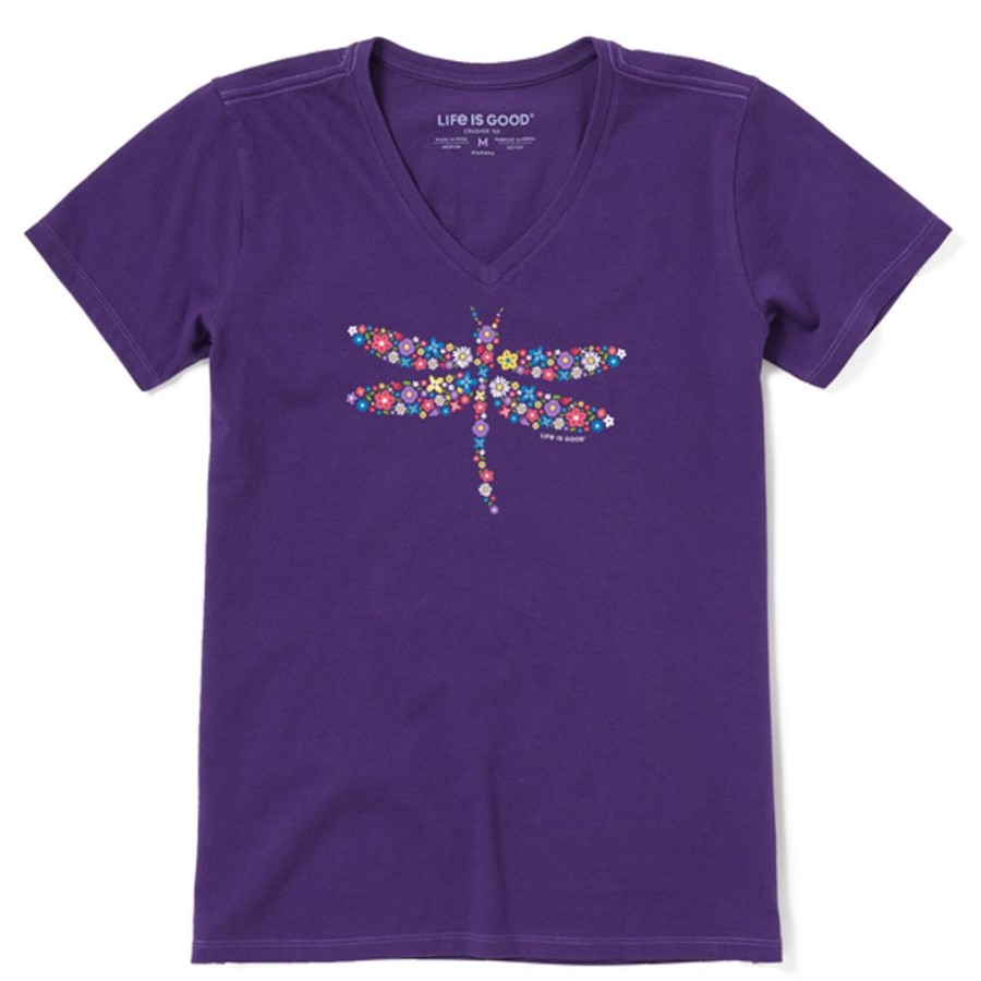 Women Life is Good Graphic Tees | Women'S Dragonfly Flowers Short Sleeve Vee Deep Purple