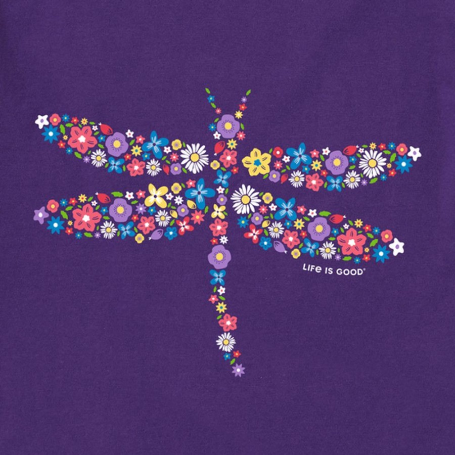 Women Life is Good Graphic Tees | Women'S Dragonfly Flowers Short Sleeve Vee Deep Purple