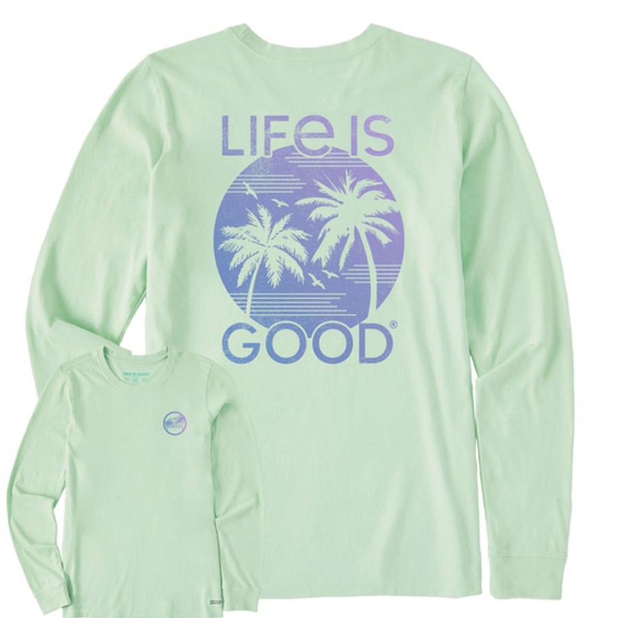 Women Life is Good Graphic Tees | Women'S Clean Retro Palms Long Sleeve Tee Sage Green