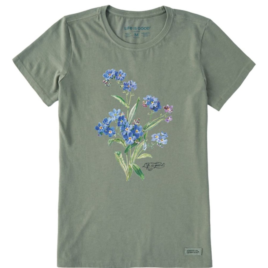 Women Life is Good Graphic Tees | Women'S Antique Blue Flowers Crusher Tee Moss Green