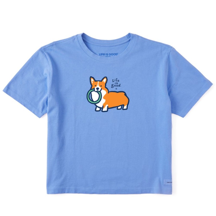 Women Life is Good Boxy Tees | Women'S Vintage Style Corgi Boxy Crusher Tee Cornflower Blue