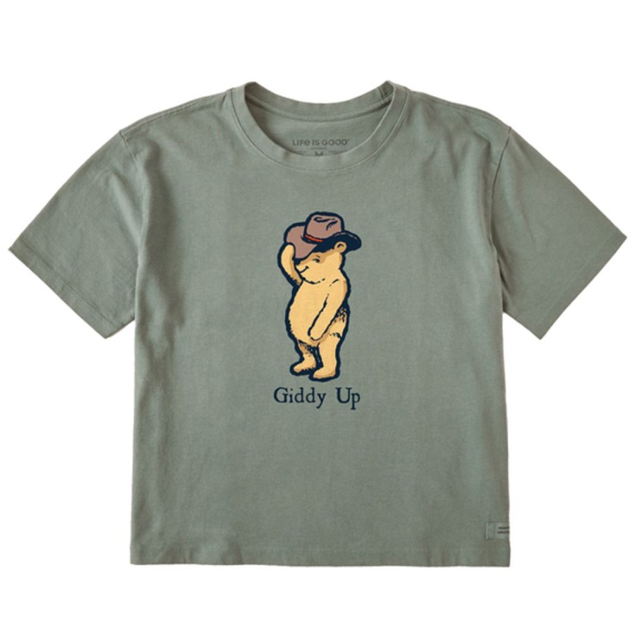 Women Life is Good Graphic Tees | Women'S Storybook Giddy Up Winnie Boxy Crusher Tee Moss Green